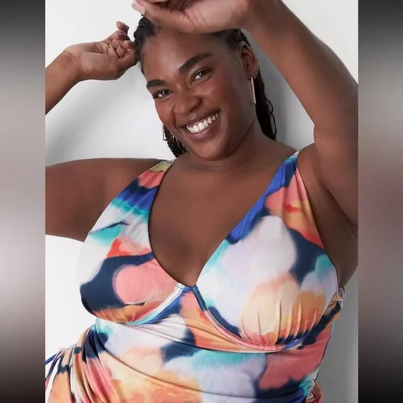 New LANE BRYANT CACIQUE SWIM Lightly Lined Plunge UNDERWIRE TANKINI TOP 44DDD - Picture 4 of 14